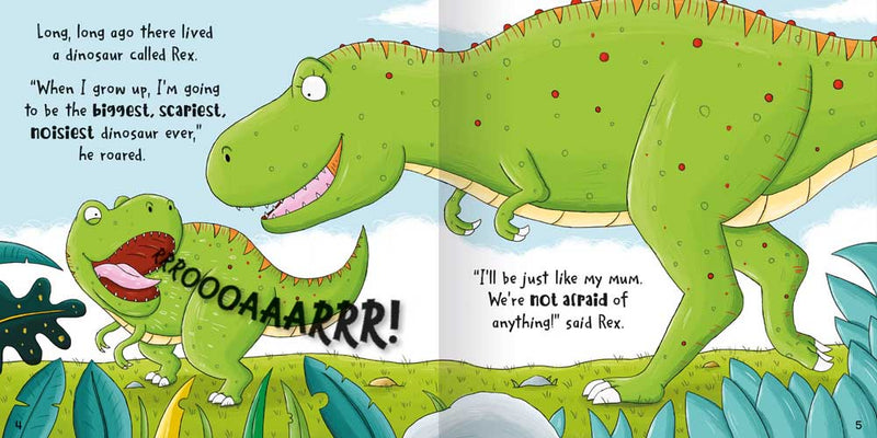 Dinosaur Stories bumper picture book inside pages by Miles Kelly. Shows a small T Rex talking to a larger T Rex.