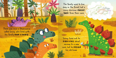 Miles Kelly's Dinosaur Stories inside pages example. Shows a Stegosaurus and his friends in the forest illustration.