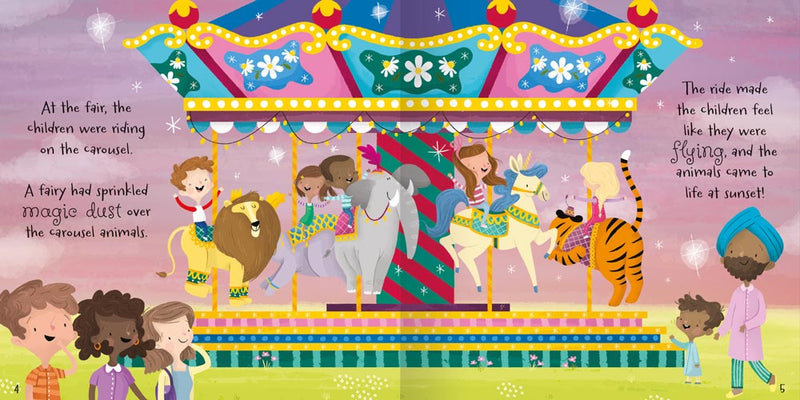 Magical Unicorn Tales inside pages by Miles Kelly. Shows an illustration of children riding a beautiful carousel, with a lion, elephant, tiger and unicorn.