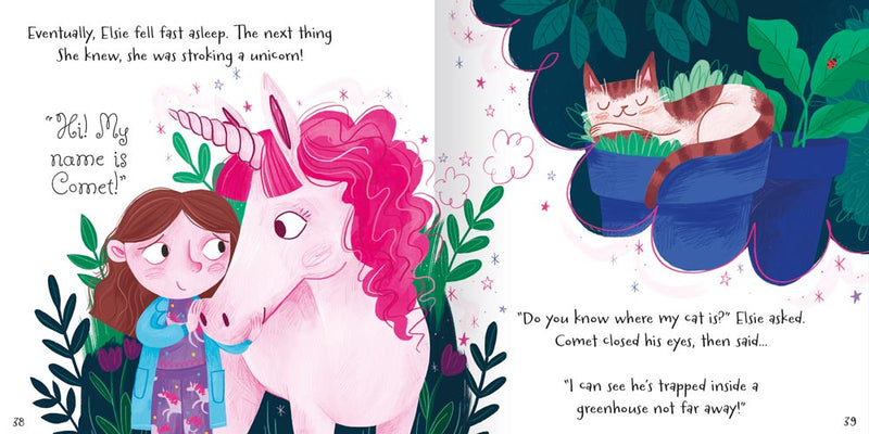 Magical Unicorn Tales by Miles Kelly inside pages. Shows an illustration of a girl talking to a unicorn who is helping to find her lost cat.