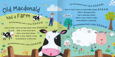 Twinkle, Twinkle, Little Star sample page of a nursery rhyme. Rhyme is Old Macdonald has a farm and shows an illustration of a farmer with cows and sheep.