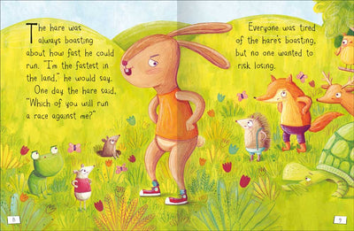 My First Book of Aesop's Fables example page by Miles kelly. The story illustration shows a hare talking to other animals from The Hare and the Tortoise.