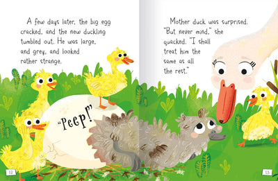 My First Book of Animal Stories sample page by Miles Kelly. The story shown is The Ugly Duckling, and the illustration shows the ugly duckling coming out of its egg.