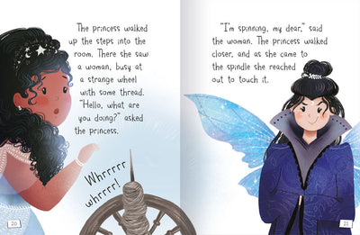 My First Book of Princess Stories sample page by Miles Kelly. Shows a page from Sleeping Beauty, with illustration of a princess looking at a spindle, with a woman nearby.