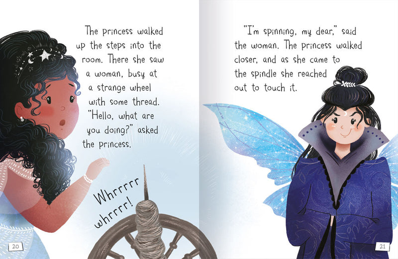 My First Book of Princess Stories sample page by Miles Kelly. Shows a page from Sleeping Beauty, with illustration of a princess looking at a spindle, with a woman nearby.