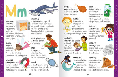 My First Dictionary example pages by Miles Kelly. The pages are about the letter M and include definitions and illustrations of M words sich as machine, mammal, mermaid, mirror and monkey.