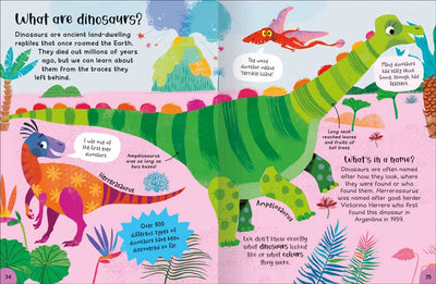 Encyclopedia of Incredible Things example page by Miles Kelly. The spread is titled What are dinosaurs? and shows illustrations of Herrerasaurus, Ampelosaurus and a flying reptile.