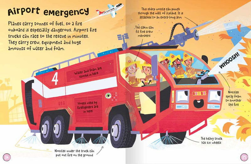 First Book of Vehicles sample page by Miles Kelly. Shows an illustration of an airport fire engine putting out a fire on an aeroplane.