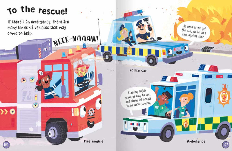 Big Book of Vehicles sample page by Miles Kelly. The page is about rescue vehicles and shows illustrations of a fire engine, police car and ambulance.