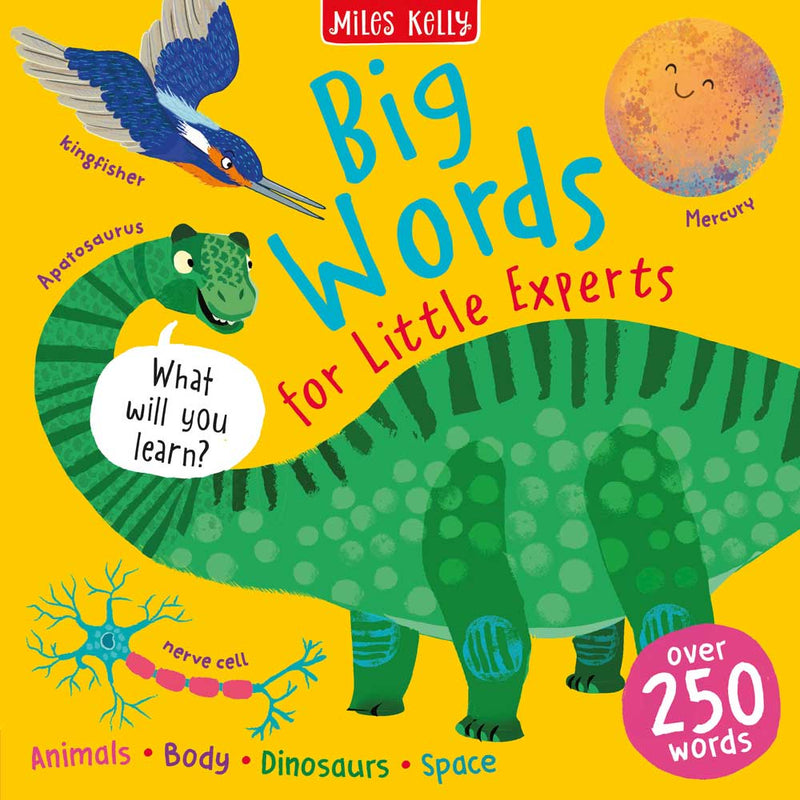 Big Words for Little Experts cover by Miles Kelly. Illustrations show a kingfisher, Mercury, Apatosaurus and a nerve cell.