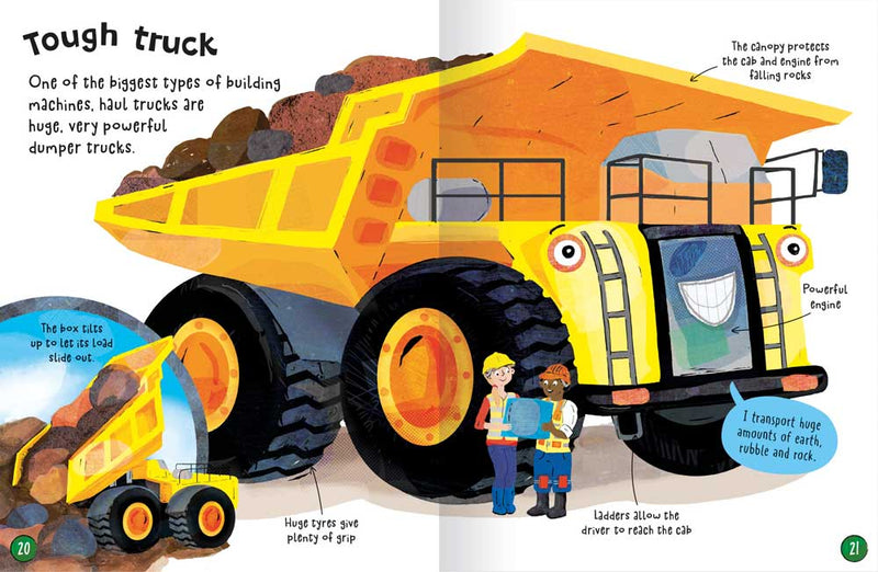 My First Book of Mighty Machines sample page by Miles Kelly. Shows an illustration and facts about dumper trucks.