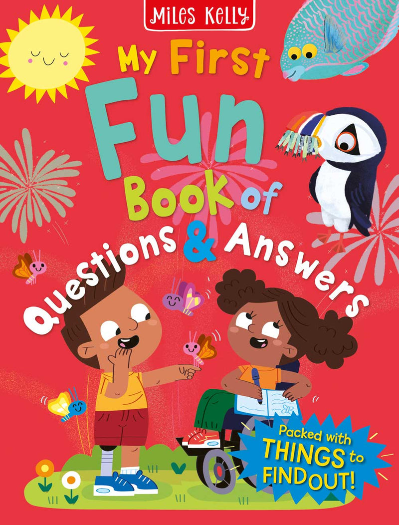 My First Fun Book of Questions and Answers cover by Miles Kelly. Shows illustrations of a sun, fish, puffin, and children playing with butterflies.