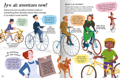 Discoveries that Changed the World (Curious Questions & Answers) example pages by Miles Kelly. The page is titles 'Are all inventions new?' and shows the development of the bicycle.