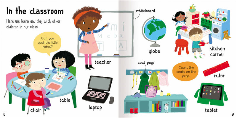 Wonderful Words At School sample page by Miles Kelly. Illustrations are about the classroom – teacher, whiteboard, table, chair, laptop, kitchen corner, coat pegs.