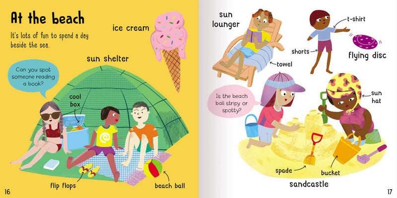 Wonderful Words On Holiday sample page. Illustration shows things at the beach, such as a sun shelter, ice cream, sandcastle, flying disc and bucket. by Miles Kelly