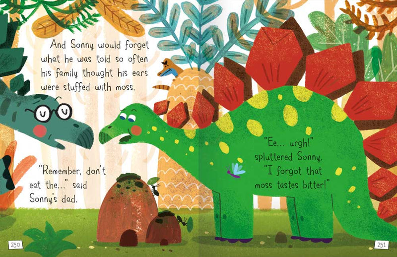 Dinosaur Tales for Bedtime book sample page by Miles Kelly. The illustration shows a stegosaurus with his dad.