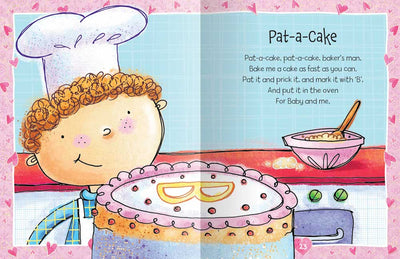 Nursery Treasury sample page by Miles Kelly. Shows the rhyme Pat-a-Cake with a boy who has made a cake marked with the letter B.