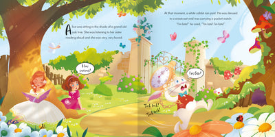 Sample page from Alice in Wonderland Picture Book Classics by Miles Kelly. It shows Alice and her sister sitting under a tree reading, and a white rabbit running past crying 'I'm late'.