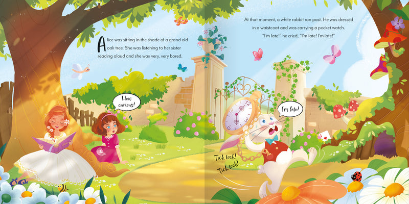 Sample page from Alice in Wonderland Picture Book Classics by Miles Kelly. It shows Alice and her sister sitting under a tree reading, and a white rabbit running past crying &