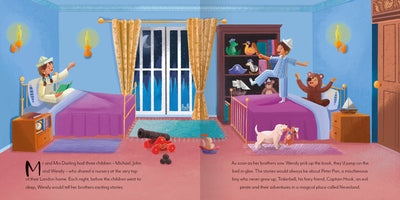 Picture Book Classics Peter Pan sample page by Miles Kelly. The illustrations shows the children Michael, John and Wendy is their bedroom, about to read a story.