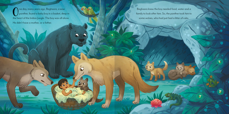 Picture Book Classics The Jungle Book sample page by Miles Kelly. The illustration shows a baby in a basket, surrounded by friendly wolves and a panther. It is night-time. 