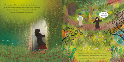 Picture Book Classics The Secret Garden sample page by Miles Kelly. Shows a girl entering a marvelling at a large garden full of flowers.