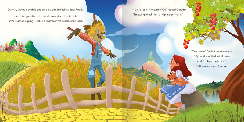 Picture Book Classics The Wizard of Oz sample page by Miles kelly. Shows Dorothy talking to Scarecrow in a wheat field.