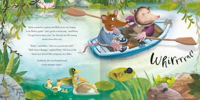 Picture Book Classics The Wind in the Willows sample page by Miles Kelly. Shows an illustration of Ratty and Mole in a rowing boat on a river.