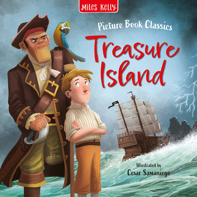 Picture Book Classics Treasure Island cover by Miles Kelly. The illustration shows a pirate looking menacingly at a boy, with a ship in the background.