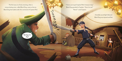 Picture Book Classics Treasure Island sample page by Miles Kelly. Shows pirates sword-fighting aboard a ship.