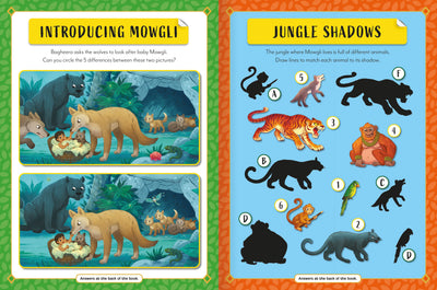 The Jungle Book Sticker Activity Book sample page by Miles Kelly. The activities are spot the difference, and matching pictures.
