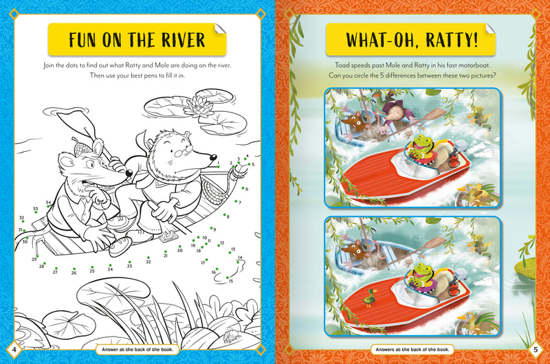 The Wind in the Willows Sticker Activity Book sample page. by Miles Kelly. The activities are dot to dot, colouring and spot the difference.