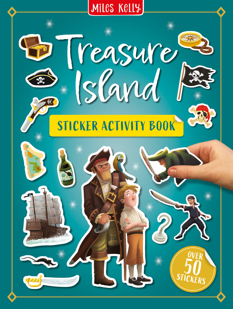 Treasure Island Sticker Activity ~Book cover by Miles Kelly. The illustrations show sample stickers from the story.