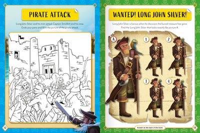Treasure Island Sticker Activity Book sample page by Miles Kelly. The activities are colouring and find the matching picture.