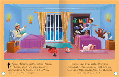 My Treasury of Classic Stories sample page by Miles Kelly. The pages show the Darling children in their bedroom from Peter Pan.