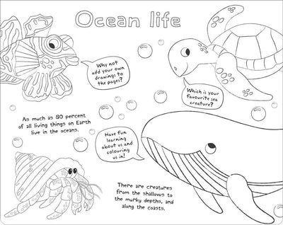 Ultimate Colour-in Under the Sea Pad sample page. Black and white outlines to colour of a lionfish, hermit crab, whale and turtle.