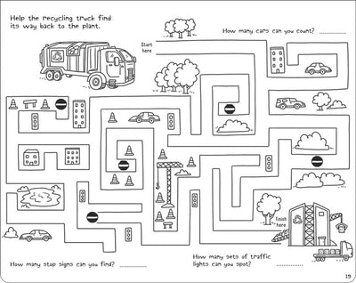 Ultimate Activity Pad Roarsome sample page by Miles Kelly. Shows a maze puzzle for children to help the recycling truck get back to the depot.