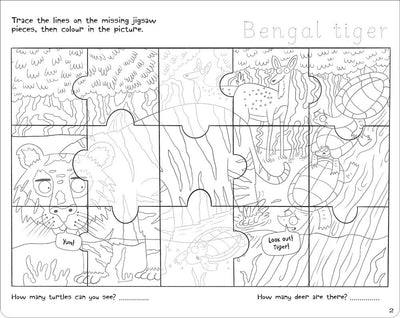 Ultimate Activity Pad Wild sample page by Miles Kelly. The activity is to trace part of a drawing and then colour in the whole scene.