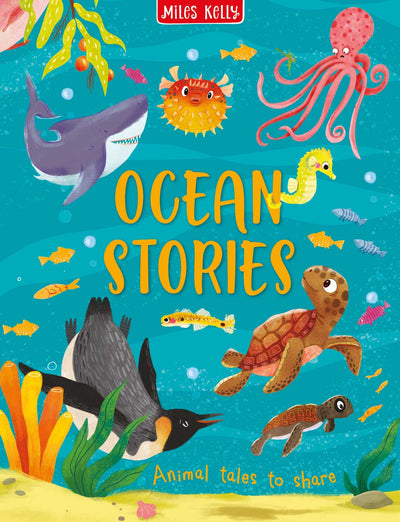 Ocean Stories book cover by Miles kelly Children's Books. The illustrations show a penguin, shark, pufferfish, octopus, seashore, turtle and fish.