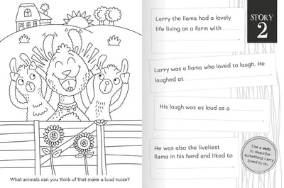 Create & Colour Stories Fluffy Friends inside page by Miles Kelly Children's Books. The page shows a colouring page with three llamas – one of them is laughing. And the other page shows the start of some sentences that children can finish.