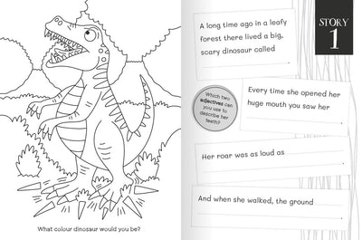Create & Colour Stories Dinosaurs inside page by Miles Kelly Children's Books. The page shows a colouring page of a dinosaur, as well as sentence starters about a dinosaur story for children to fill in.