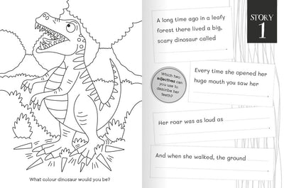 Create & Colour Stories Dinosaurs inside page by Miles Kelly Children's Books. The page shows a colouring page of a dinosaur, as well as sentence starters about a dinosaur story for children to fill in.