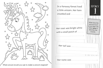 Create & Colour Stories Magical inside pages by Miles Kelly Children's Books. The page shows a unicorn to colour in, as well as sentence starting prompts for children to finish.