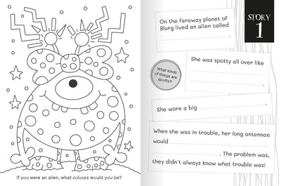 Create & Colour Stories: Out of this World sample page by Miles Kelly Children's Books. One page shows a spotty alien, ready to be coloured. The other page shows sentence starters such as 'She wore a big…', ready for children to fill in and make up their own story.