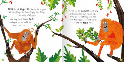 Rainy Day Tales sample page by Miles Kelly Children's Books. The illustration shows two orangutans sitting on branches talking to each other about building nests. One of them is holding leaves.