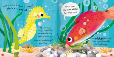 Ocean Friends book sample page by Miles Kelly Children's Books. The illustration shows a seahorse talking to a wrasse fish as the wrasse collects leaves and stones for its nest.