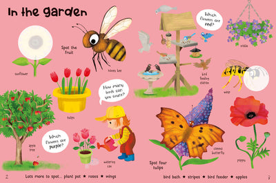 Nature Sticker Book inside page by Miles Kelly Children's Books. This spread is In the Garden and shows illustrations of a sunflower, honey bee, tulips, apple tree, watering can, bird feeding station, violas, wasp, comma butterfly and poppy.
