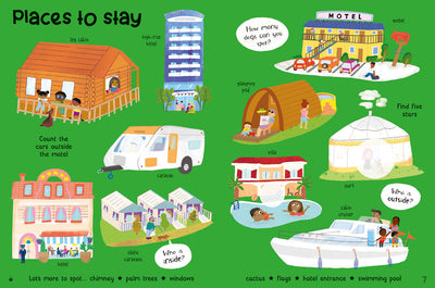 Holiday Sticker Book sample page by Miles Kelly Children's Books. Page shows Places to Stay on holiday – log cabin, hotel, glamping pod, motel, yurt, villa, cabin cruiser, static caravan, and caravan.