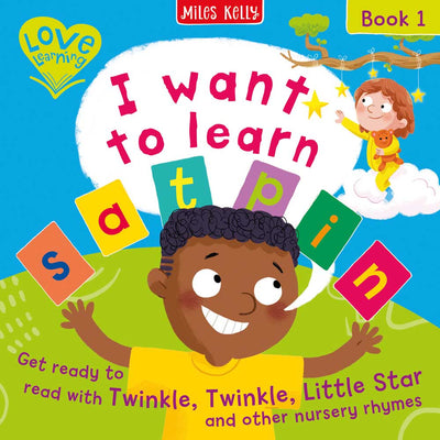 I want to learn: s a t p i n (Book 1) cover by Miles Kelly Children's Books. The cover shows a dark-haired boy smiling, saying the sounds.