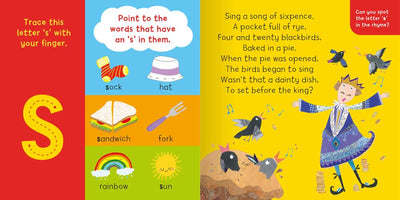 I want to learn: s a t p i n (Book 1) book sample pages by Miles Kelly Children's Books. The sample page is looking at the letter S. It covers the sounds in sock, sandwich and sun. And the nursery rhyme Sing a Song of Sixpence, alongside an illustration of a king singing with birds.